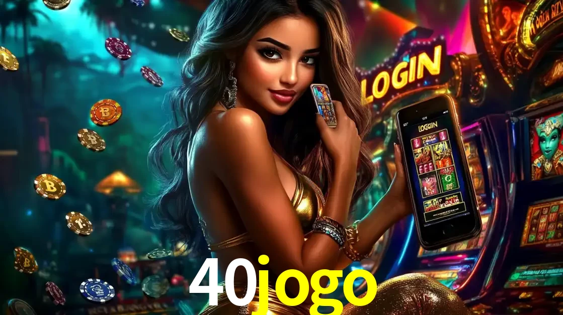 Mulher em um cenário de cassino temático de aventura, mostrando o app de caça-níqueis da 40jogo no celular. Fichas de apostas flutuam ao redor.