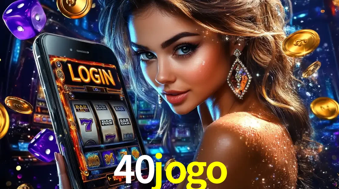 Mulher glamorosa segurando um smartphone com a tela de login para os jogos de caça-níqueis do cassino online 40jogo, com moedas de ouro e dados ao redor.