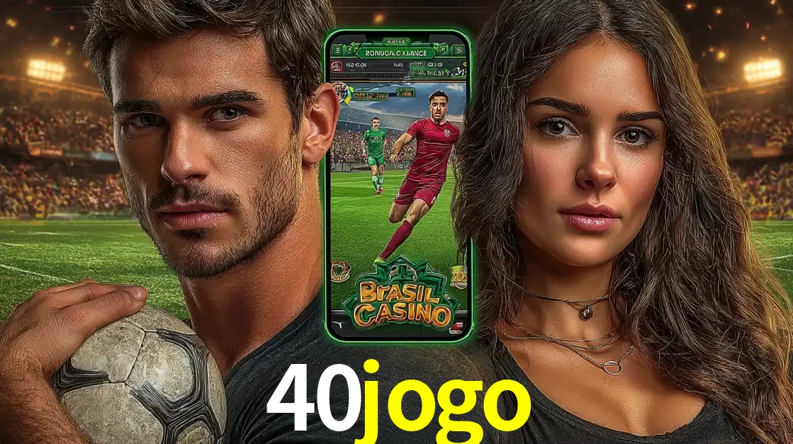 Homem segurando uma bola de futebol e uma mulher ao lado de um smartphone exibindo o jogo de apostas esportivas da 40jogo. Faça seu palpite no cassino online.
